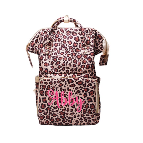 Monogrammed embroidered leopard Diaper Bag backpack, Multipocket personalized diaper bag,Multifunction diaper bag, LRD Bag, diaper tote