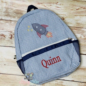 Rocket Seersucker Preschool Backpack, blue, Toddler backpack, Monogrammed backpack, Church Bag, Diaper Bag, applique