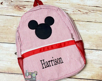 Mickey mouse red Seersucker Preschool Backpack, Travel Bag, Toddler backpack, Monogrammed backpack, Church Bag, Diaper Bag, Mickey Backpack