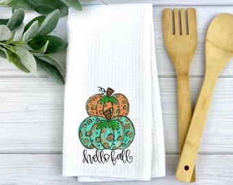 Hello Fall Pumpkin dish Towel, Personalized tea towel, Fall Home Decor, Custom tea towel, Farmhouse Decor, Housewarming gift