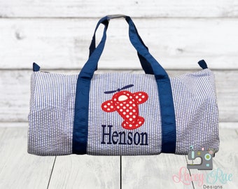 Seersucker Duffel Bag with Airpland, Monogrammed Duffel Bag, Navy Seerucker Duffel, personalized seersucker duffel,toddler travel bag