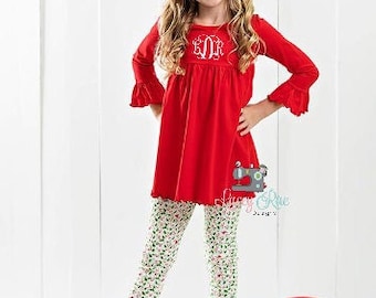 Personalized Christmas Dress, Red Ruffle Outfit, Monogrammed Holiday Dress