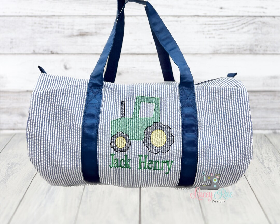Seersucker Duffel Bag With Tractor, Monogrammed Duffel, Navy Seerucker