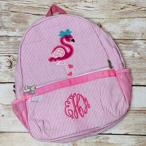 Flamingo Personalized Seersucker Preschool Backpack, Adjustable Straps, Fully Lined, Pink Monogram, Bottle Pocket
