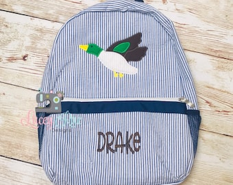 Mallard duck boys Seersucker Preschool Backpack, boys seersucker, duck backpack, Toddler backpack, Monogrammed backpack, Church Bag, Diaper