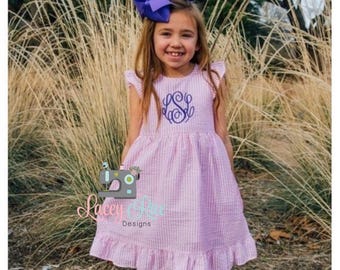 Monogrammed Toddler or little girl Seersucker Easter Dress, pink ruffle Easter Dress, Spring Dress, Pink ruffle dress, toddler little girl