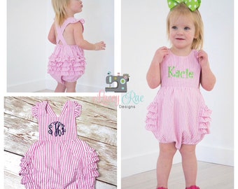 Monogrammed Infant or Toddler Seersucker Bubble Romper, Pink Easter Bubble Romper, Spring Bubble, sunsuit girl seersucker