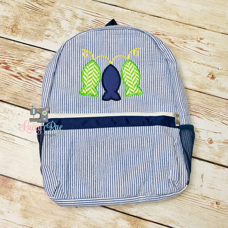 Monogrammed backpack Diaper Bag Fishing Seersucker Preschool Backpack boys seersucker Church Bag fish backpack Toddler backpack