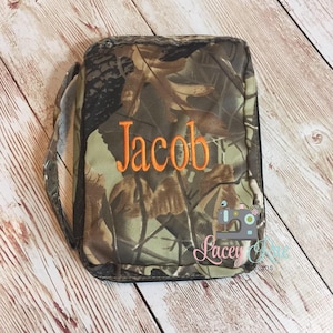 Bible Cover, Monogrammed Camo Carrying Case, Embroidered Name, Zippered Handle, 7x10, Interior Pocket
