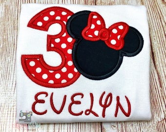 Minnie Mouse 3rd Birthday Shirt, Polka Dot Toddler Celebration, Custom Name Age Embroidery, Appliqué Keepsake, Personalized Birthday Shirt