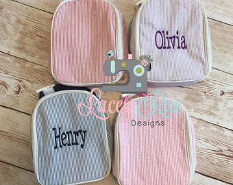 Seersucker Lunch Bag, Preschool Insulated Box, Monogram Option, Pink Blue Mint Navy