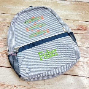 Fish Seersucker Preschool Backpack, Personalized Toddler backpack, Monogrammed backpack, Church Bag, Diaper Bag, sketch design, Fishing