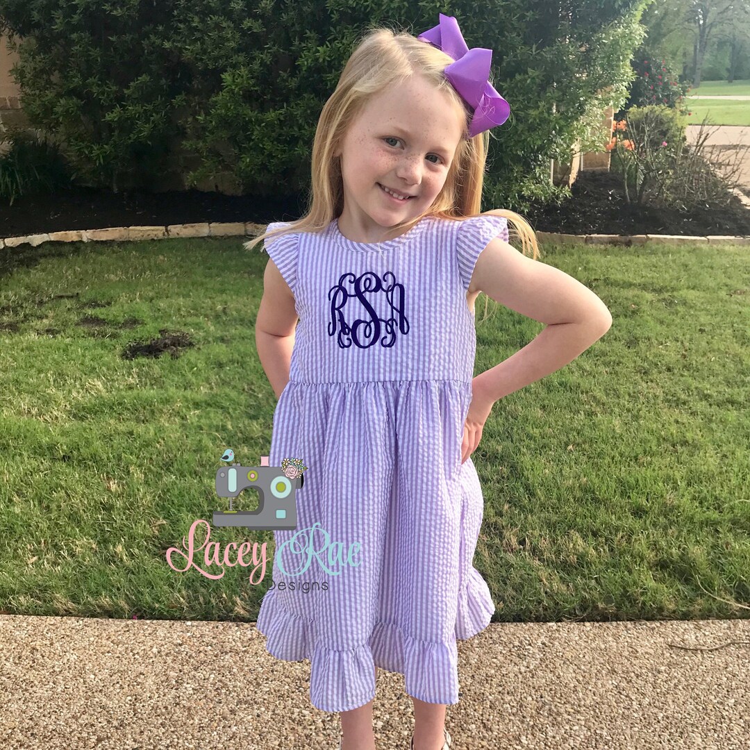 Monogrammed Toddler or Little Girl Seersucker Dress, Purple Ruffle