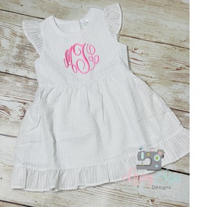 Monogrammed Toddler or little girl white Seersucker Dress, white ruffle Easter Dress, Spring Dress, toddler or little girl, beach dress