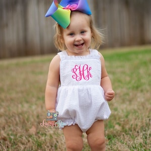Monogrammed Infant or Toddler Seersucker Bubble Romper, White Easter Bubble Romper, Spring Bubble, sunsuit girl seersucker, beach outfit