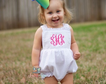 Monogrammed Infant or Toddler Seersucker Bubble Romper, White Easter Bubble Romper, Spring Bubble, sunsuit girl seersucker, beach outfit