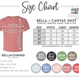 The image is a size chart for a toddler trilend short sleeve t-shirt. It includes measurements for chest, waist, and length, along with labels for the t-shirt design and color options.