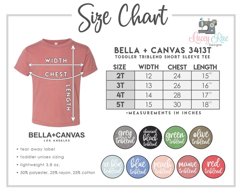 The image is a size chart for a toddler trilend short sleeve t-shirt. It includes measurements for chest, waist, and length, along with labels for the t-shirt design and color options.