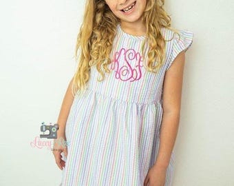 Monogrammed Toddler little girl rainbow Seersucker Dress, seersucker ruffle Easter Dress, Spring Dress, toddler or little girl, beach dress