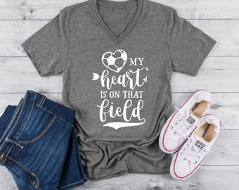 Soccer Mom Shirt, My Heart Is On The Field, Triblend, Color Options, V Neck, Womens Tee