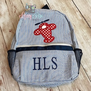 Airplane Seersucker Preschool Backpack, blue, Toddler backpack, Monogrammed backpack, Church Bag, Diaper Bag, applique