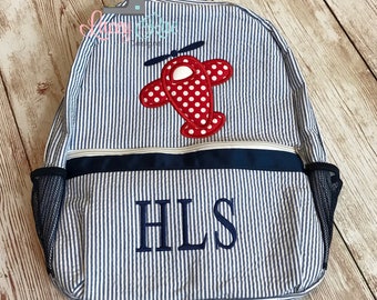 Airplane Seersucker Preschool Backpack, blue, Toddler backpack, Monogrammed backpack, Church Bag, Diaper Bag, applique