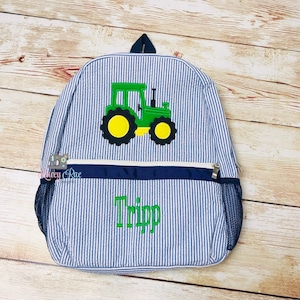 Green tractor Seersucker Backpack, Tractor preschool or toddler backpack, Navy seerscuker backpack