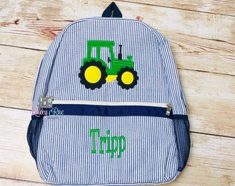 Green tractor Seersucker Backpack, Tractor preschool or toddler backpack, Navy seerscuker backpack