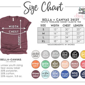 The image is a size chart for a maroon t-shirt, including measurements and color swatches for different sizes.