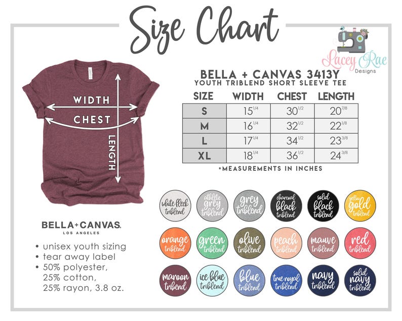 The image is a size chart for a maroon t-shirt, including measurements and color swatches for different sizes.