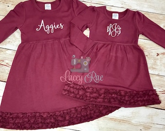 Texas Aggies Game Day Maroon rufffle dress, Texas A&M toddler dress, school age dress.  Little girl maroon ruffle dress