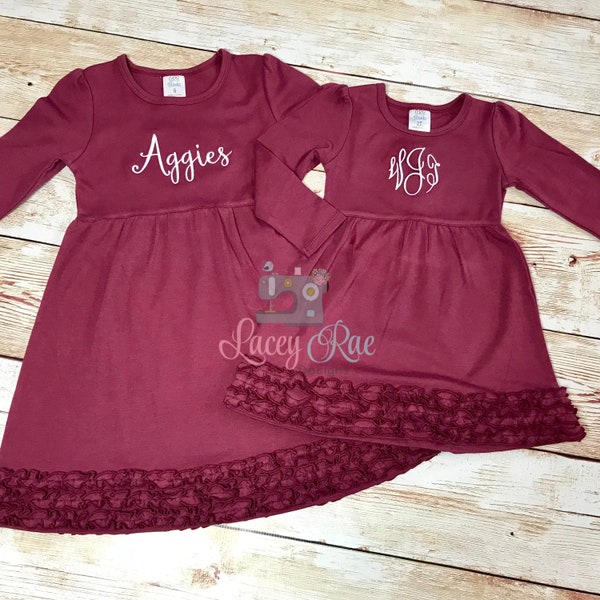 Texas Aggies Game Day Maroon rufffle dress, Texas A&M toddler dress, school age dress.  Little girl maroon ruffle dress