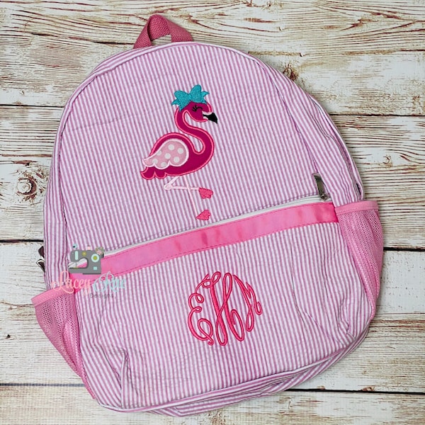 Flamingo Seersucker Preschool Backpack, Dance Bag, Toddler backpack, Monogrammed backpack, Church Bag, Diaper Bag, Flamingo gift