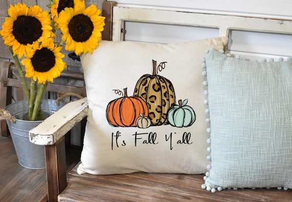 Its Fall Yall Pumpkin Pillow Cover, Farmhouse Autumn Accent, Leopard Print Detail, Thanksgiving Entryway, Decorative Throw Pillow Cover