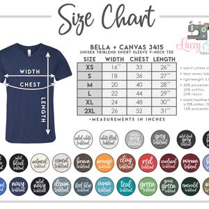 The image is a size chart for a navy blue t-shirt, including measurements and a variety of color options.