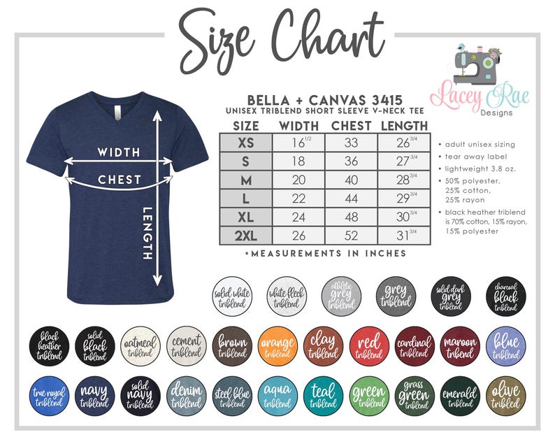 The image is a size chart for a navy blue t-shirt, including measurements and a variety of color options.