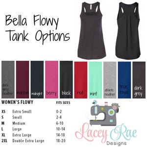 The image is a collage of various tank tops in different colors and sizes, along with a list of fit sizes and a sewing machine logo.