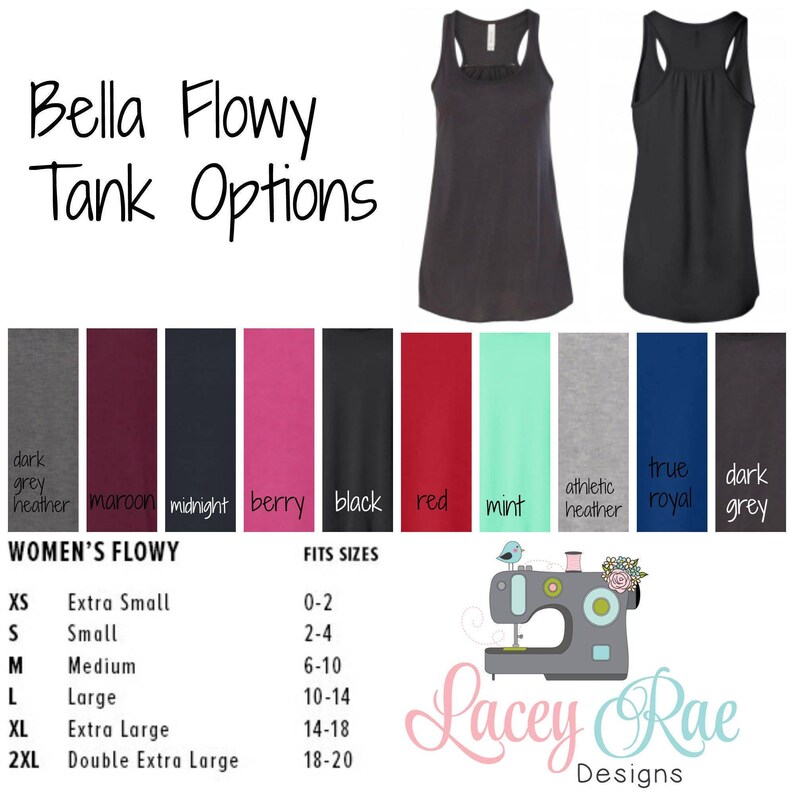 The image is a collage of various tank tops in different colors and sizes, along with a list of fit sizes and a sewing machine logo.
