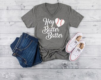 Hey Batter Batter Baseball Mom Shirt, Ladies V Neck, Triblend, Vintage, Game Day Graphic Tee