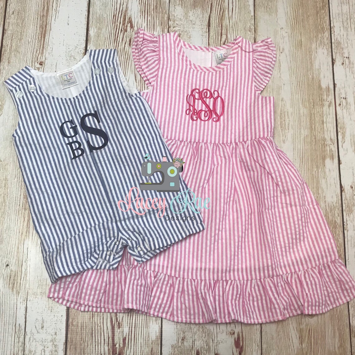 Claire & Charlie Toddler Boys Blue Stripe Seersucker Shortall - Applique Super Heroes main image 0