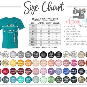 The image is a size chart for a t-shirt, including a picture of the t-shirt and a list of measurements and color swatches.