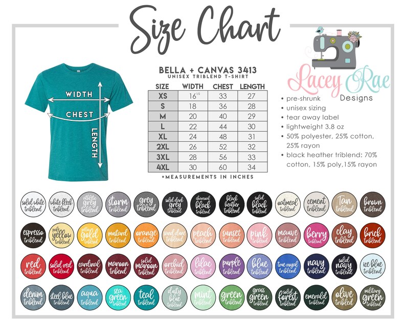 The image is a size chart for a t-shirt, including a picture of the t-shirt and a list of measurements and color swatches.