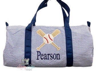 Seersucker Duffel Bag with Baseball applique, Monogrammed Duffel, Navy Seerucker Duffel, personalized seersucker duffel,toddler travel bag