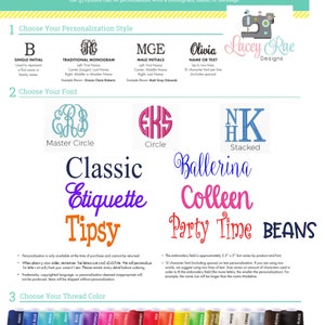 May include: A guide to personalization options for embroidery.  The guide shows different monogram styles, fonts, and thread colors.  The text includes the phrase "Lacey Rae Designs".