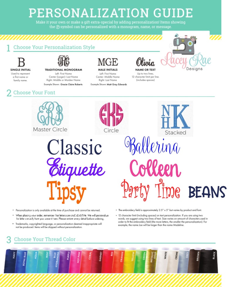 May include: A guide to personalization options for embroidery.  The guide shows different monogram styles, fonts, and thread colors.  The text includes the phrase "Lacey Rae Designs".