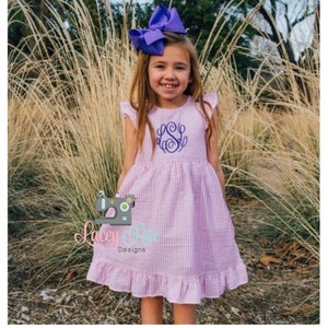 Monogrammed Toddler or little girl Seersucker Easter Dress, pink ruffle Easter Dress, Spring Dress, Pink ruffle dress, toddler little girl