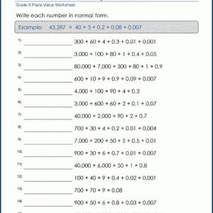 May include: A white educational worksheet titled Decimal numbers from expanded form for Grade 6 students. It features fifteen maths problems requiring the conversion of expanded decimal expressions into standard numerical form, with a header logo.