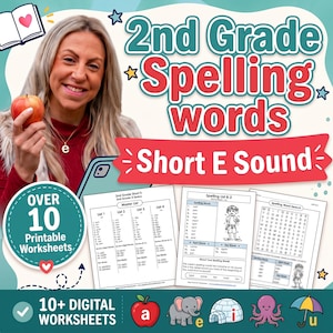May include: Educational resource titled 2nd Grade Spelling words Short E Sound featuring printable worksheets, a master list, word search, and illustrations of an apple, elephant, igloo, octopus, and umbrella with the letters a, e, i, o, u.