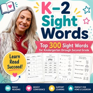 May include: Educational materials titled K-2 Sight Words Top 300 Sight Words for Kindergarten through Second Grade. The display includes worksheets with reading, tracing, writing, and fill-in-the-blank exercises, alongside a Learn Read Succeed badge.