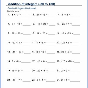 May include: A white educational worksheet titled Addition of integers (-30 to +30) for Grade 6 students. The page features twenty-four maths problems requiring the sum of two integers, with blank lines provided for answers and the K5 Learning logo.